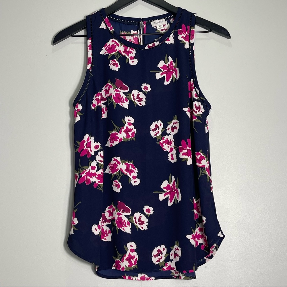 J. CREW Women's Navy Blue Tank Top Pink Flowers Laser Cut Neckline Size 8